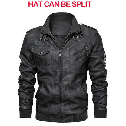 Men's PU Leather Motorcycle Jacket – Hooded Biker Coat with Zip Pockets