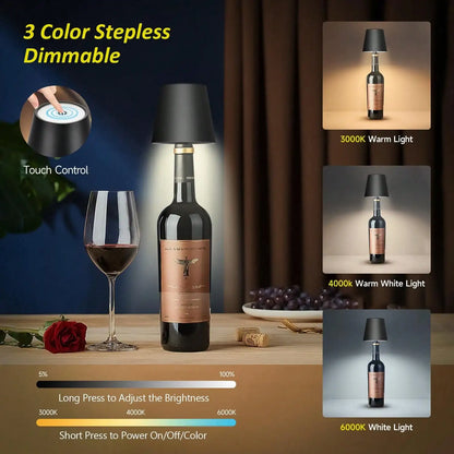 Wine Bottle Lamp – Rechargeable Cordless LED with Touch Dimming & 3 Color Modes