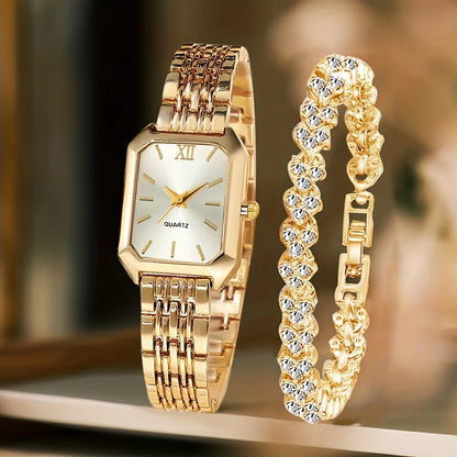 Women's Rectangle Quartz Watch & Rhinestone Bracelet Set