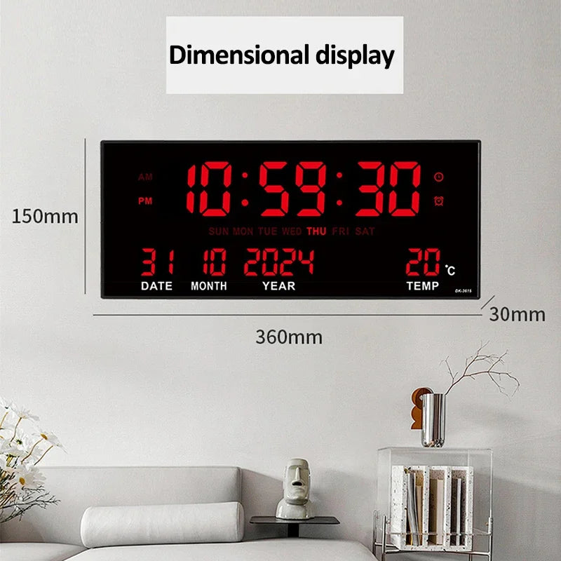LED Digital Wall Clock with Alarm, Temperature & Calendar Display