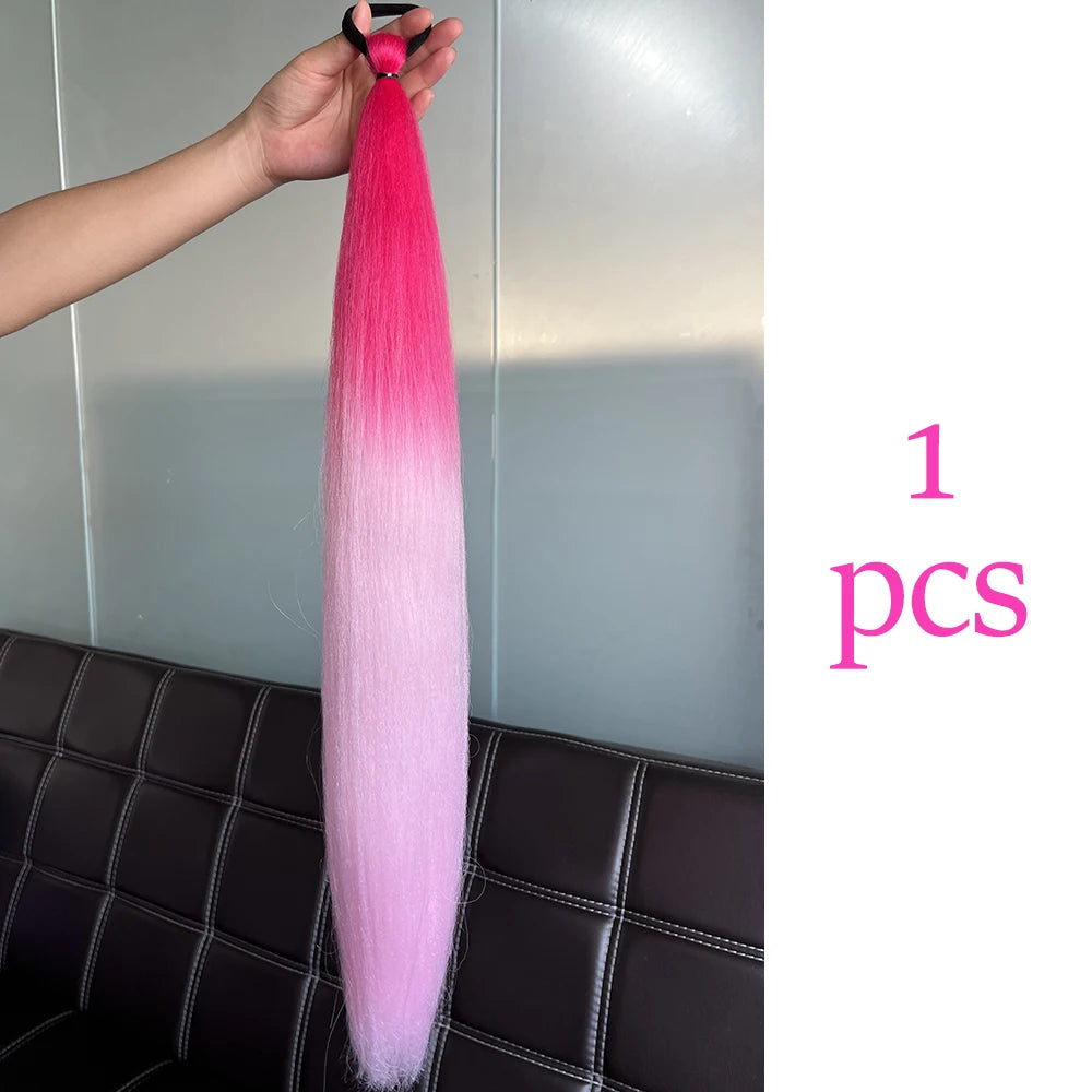 Synthetic Ponytail Hair Extension 2pcs – Long Straight, Colorful, Braiding Hairpiece with Rubber Band