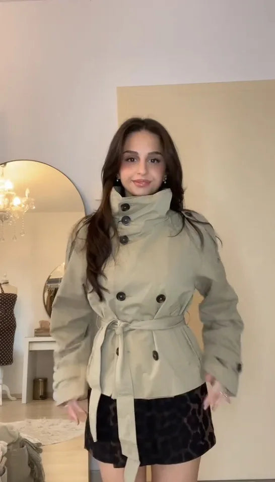 Women's Cropped Trench Coat – Belted Double-Breasted Stand Collar Jacket