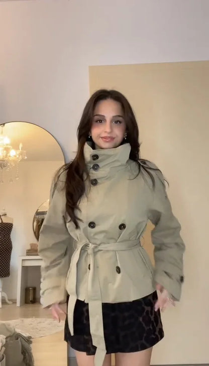 Women's Cropped Trench Coat – Belted Double-Breasted Stand Collar Jacket