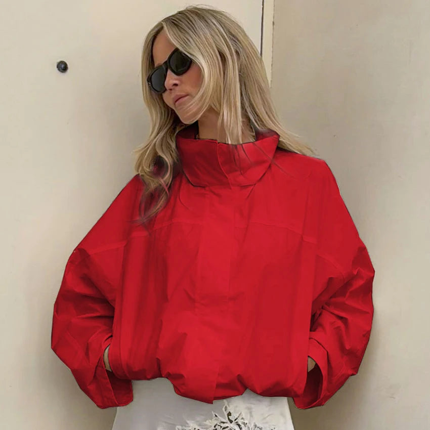Women's Turtleneck Zip-Up Jacket – Oversized Casual Outerwear Coat