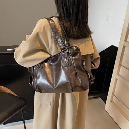Large Leather Shoulder Bag for Women – Retro Crossbody Tote