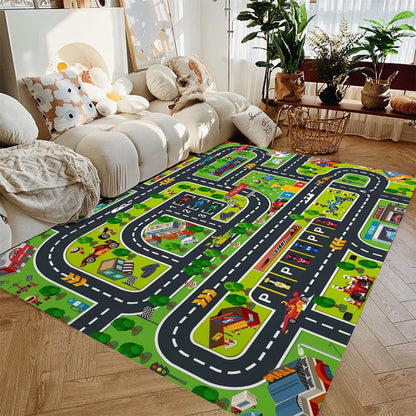 Kids Car Play Mat Rug – City Road Map Non-Slip Playroom Rug