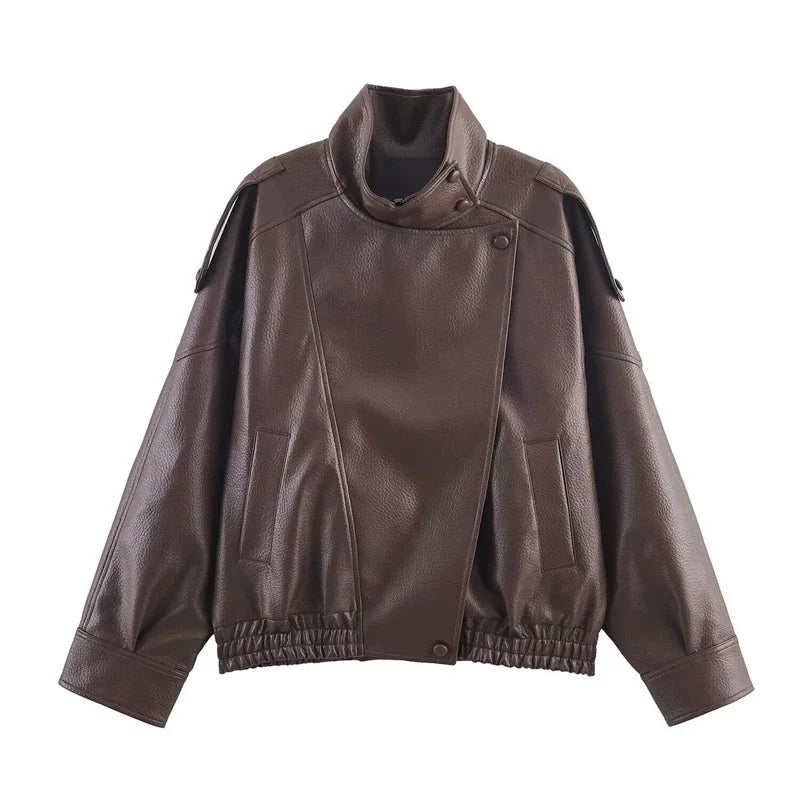 Women's Faux Leather Jacket – Oversized Stand Collar Coat
