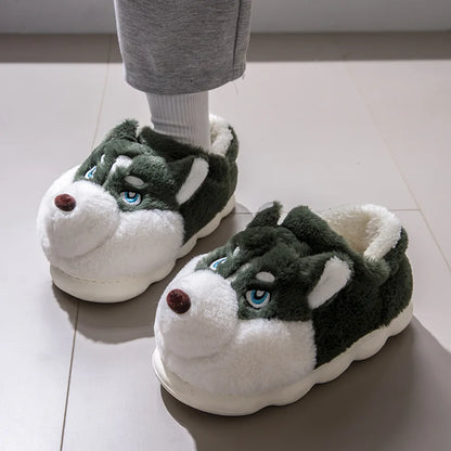 Husky Dog Fluffy Slippers – Cute Cartoon Indoor House Shoes