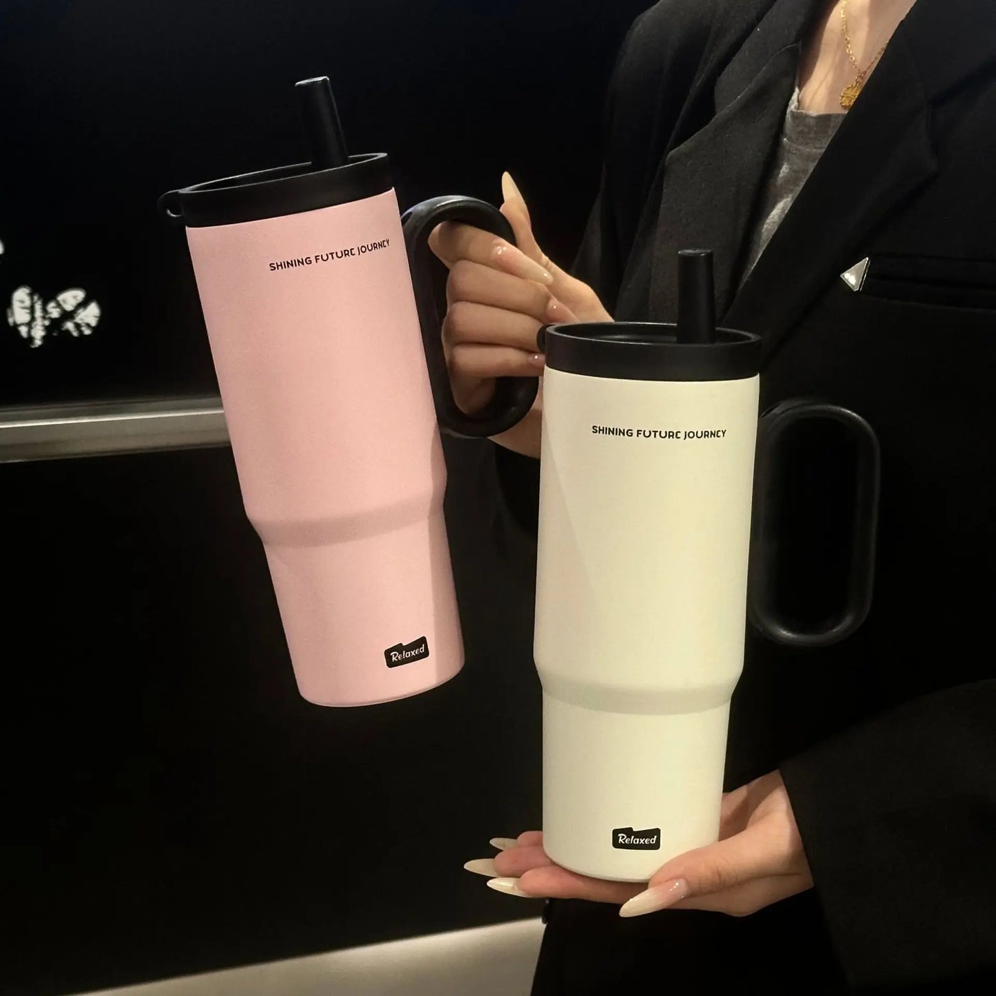 Vacuum Insulated Travel Tumbler with Straw & Handle 25.4oz