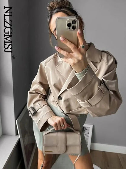 Cropped Trench Jacket Women Double Breasted Belt Streetwear