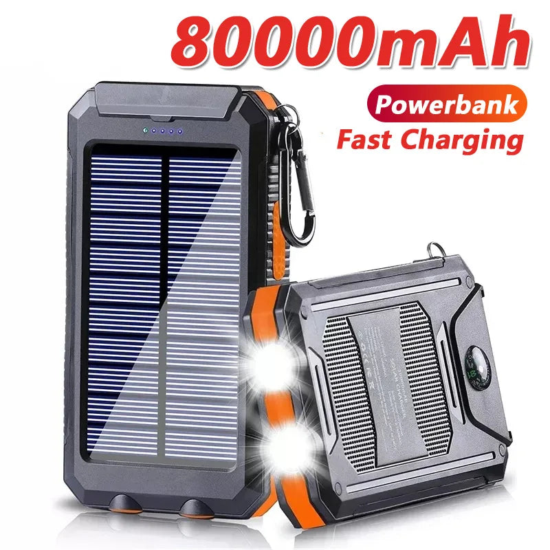 Solar Power Bank 80000mAh Portable Charger with LED Flashlight & Carabiner