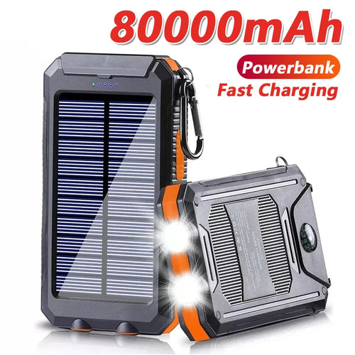 Solar Power Bank 80000mAh Portable Charger with LED Flashlight & Carabiner