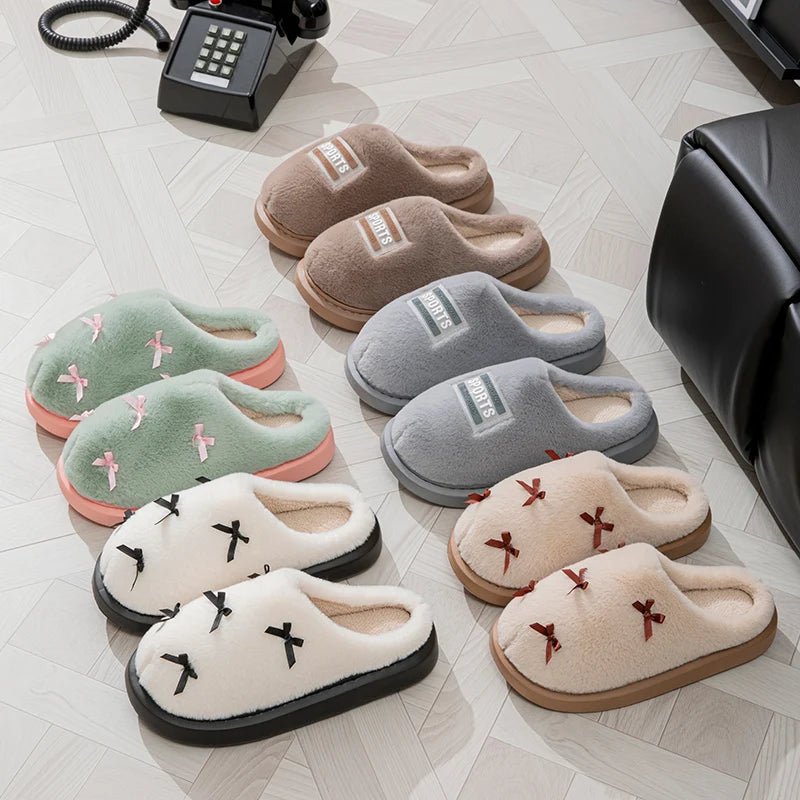 Women's Bow Plush Slippers – Warm Non-Slip Indoor House Shoes