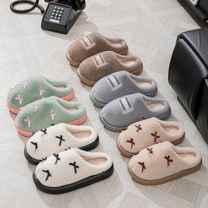 Women's Bow Plush Slippers – Warm Non-Slip Indoor House Shoes