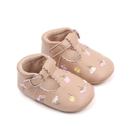 Baby Girl Embroidered Flower T-Strap Mary Jane Shoes