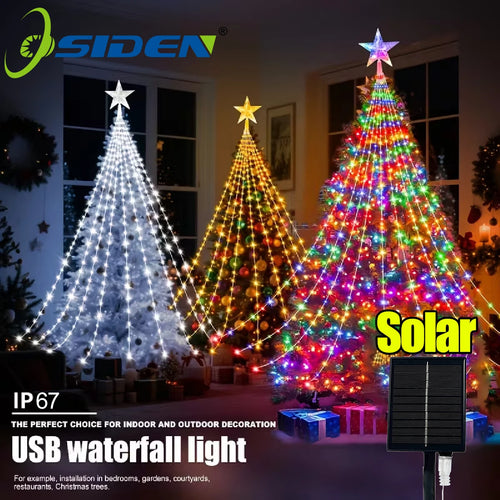 Star Waterfall Christmas Tree String Lights – USB & Solar Powered