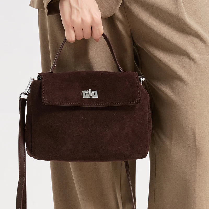 Suede Leather Crossbody Bag for Women – Turn-Lock Shoulder Bag