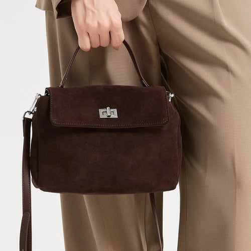 Suede Leather Crossbody Bag for Women – Turn-Lock Shoulder Bag
