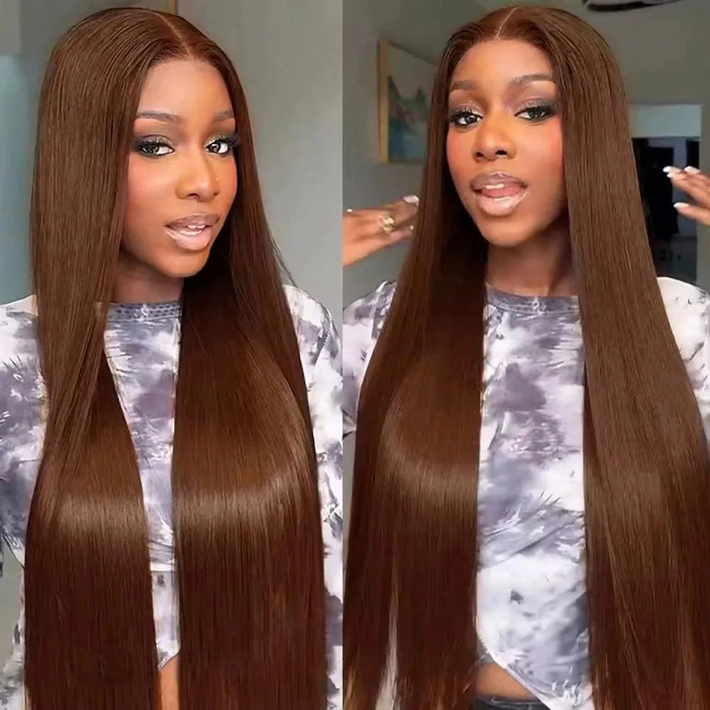 Chocolate Brown 13x4 Lace Front Human Hair Wig – Straight, Pre-Plucked, 16–34 Inch