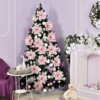 Glitter Artificial Christmas Poinsettia Flowers – Set of 5