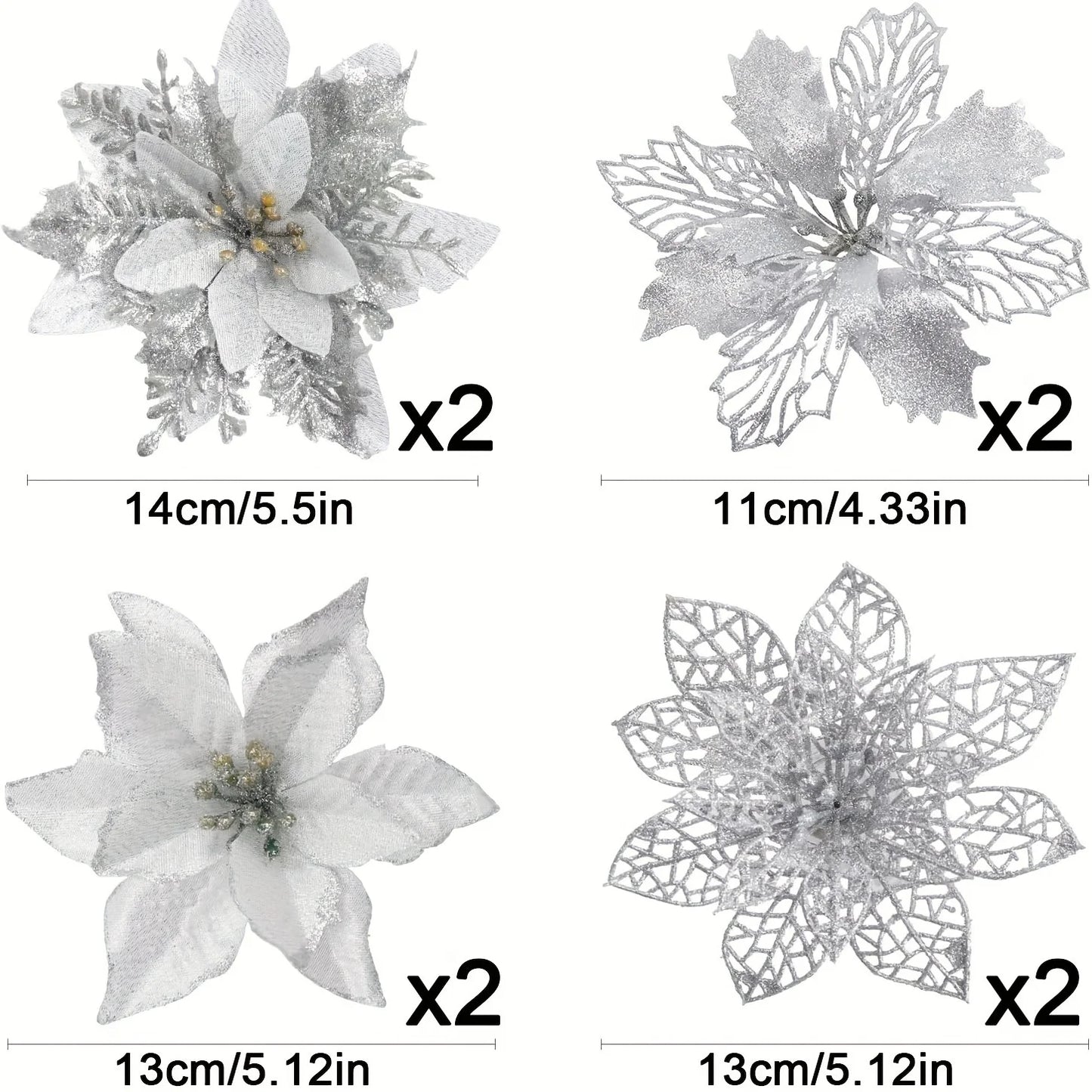 Glitter Artificial Christmas Poinsettia Flowers – 8 or 16 Piece Set