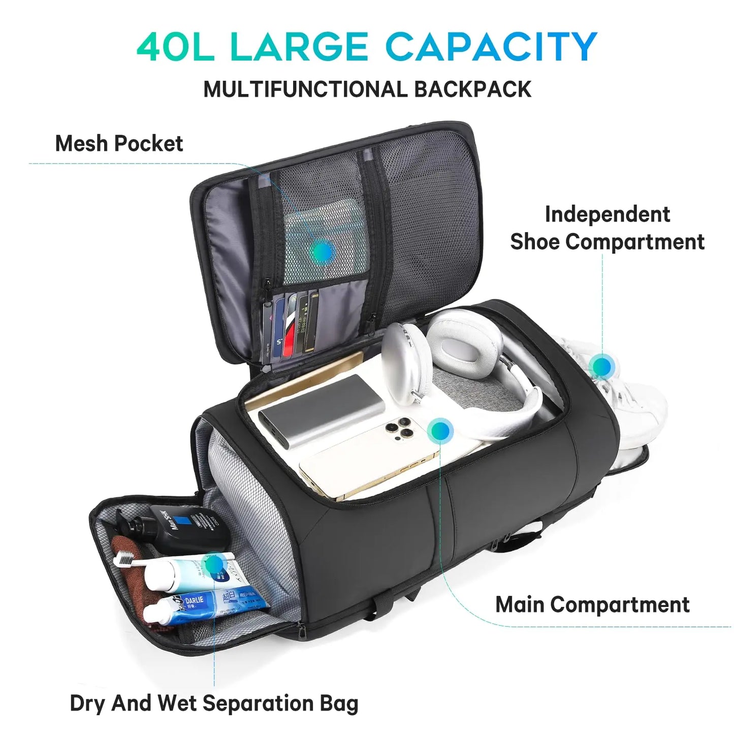 Bange Large Capacity Travel Backpack – Dry Wet Separation