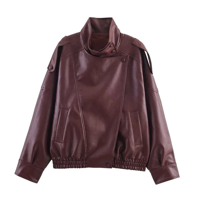 Women's Faux Leather Jacket – Oversized Stand Collar Coat
