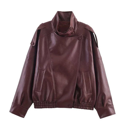 Women's Faux Leather Jacket – Oversized Stand Collar Coat