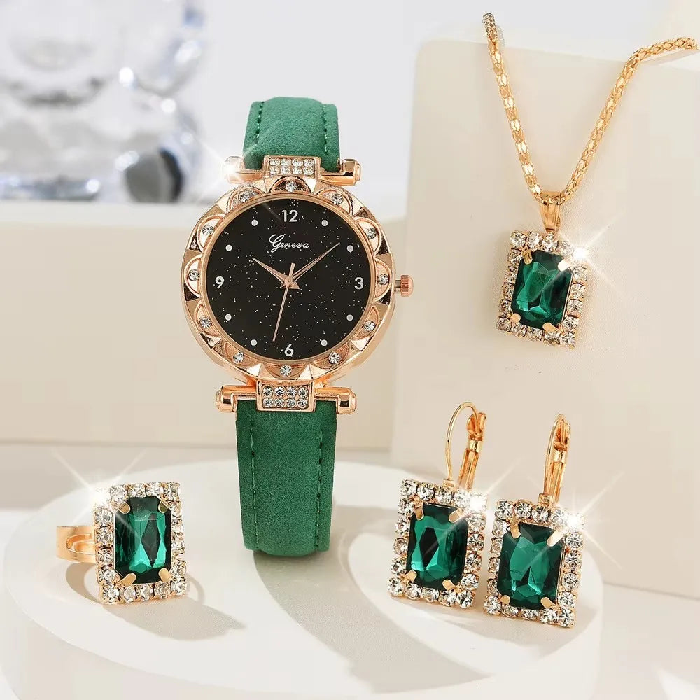 Women's Luxury Rhinestone Watch & Jewelry Set – 5 Piece