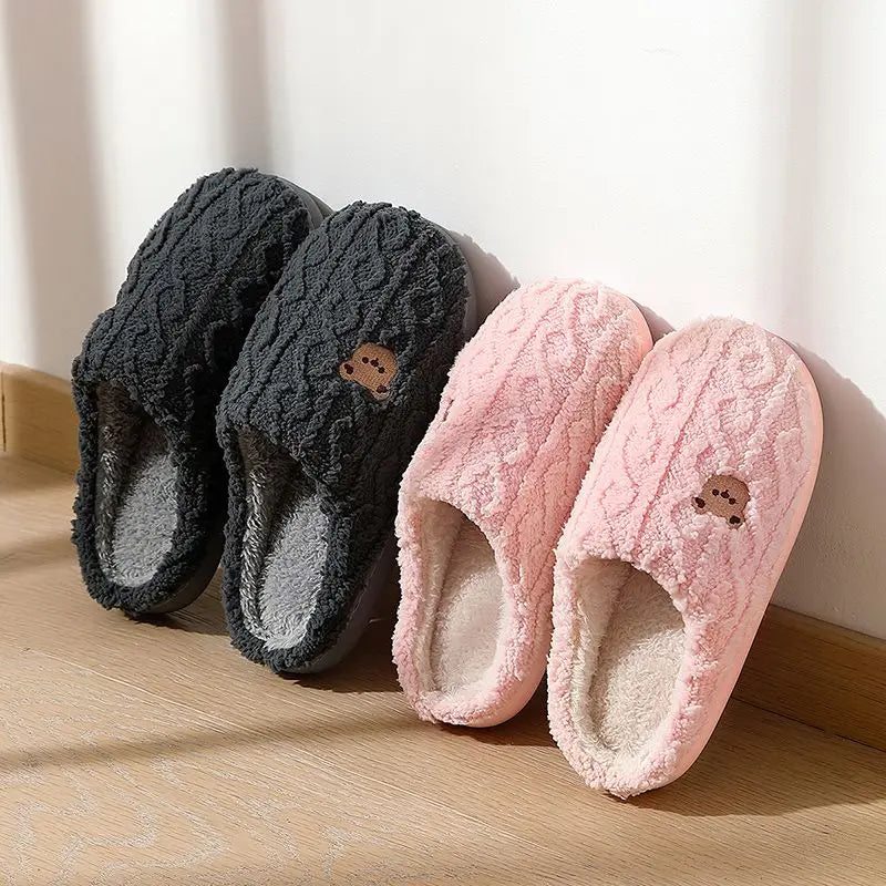 Fluffy Bear Cartoon Winter Slippers – Warm Cozy House Shoes for Women & Men