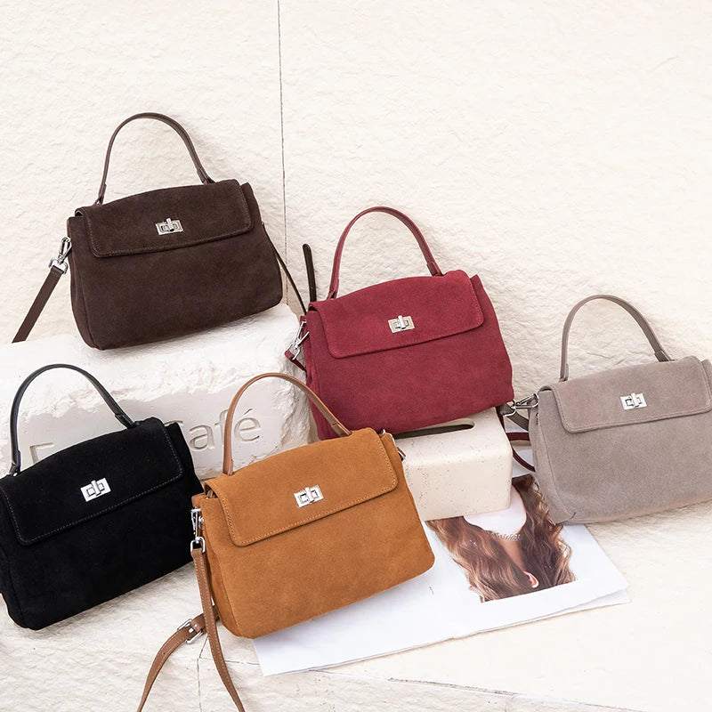 Suede Leather Crossbody Bag for Women – Turn-Lock Shoulder Bag