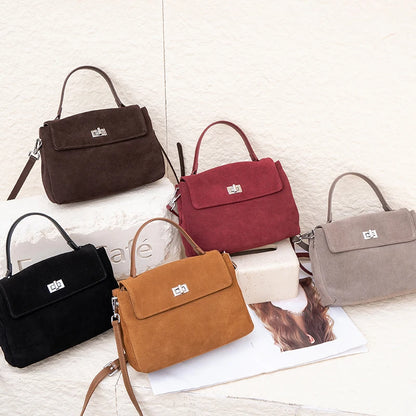 Suede Leather Crossbody Bag for Women – Turn-Lock Shoulder Bag