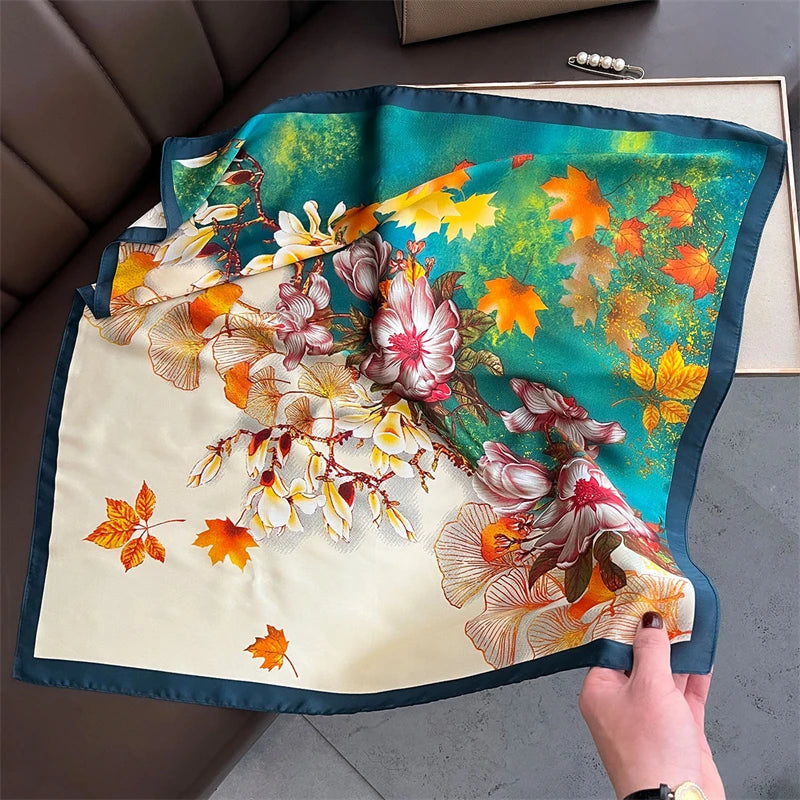 Satin Square Scarf Women Cute Cat Print Headscarf Neckerchief