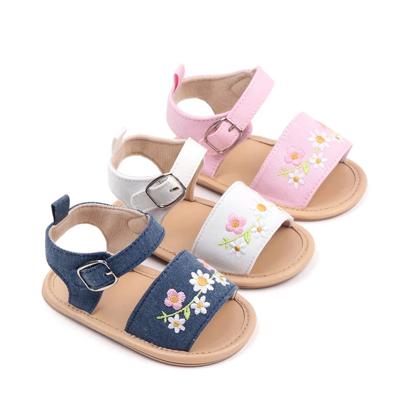 Baby Girl Embroidery Flower Sandals – Soft Sole 0–18 Months