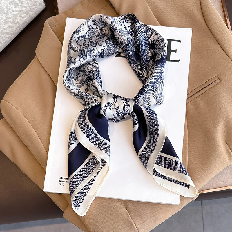 Silk-Feel Square Scarf – Women's Satin Print Neckerchief & Hair Band