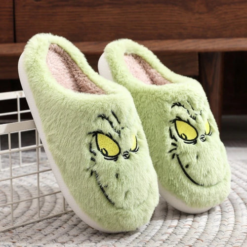 Green Monster Plush Slippers – Cozy Fuzzy Indoor Home Shoes