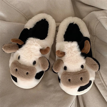 Cartoon Cow Plush House Slippers Warm Anti-Slip Indoor Shoes