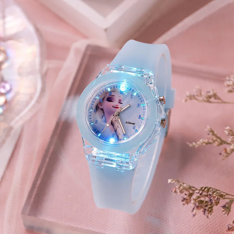 Kids Cartoon Quartz Watch with LED Light – Silicone Strap Girls Watch