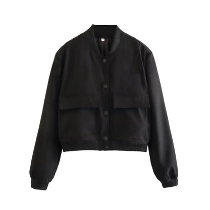 Women's Bomber Jacket with Pockets – Single Breasted Long Sleeve Coat