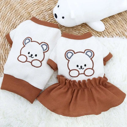 Bear Embroidered Dog Dress & Shirt – Cute Small Pet Outfit