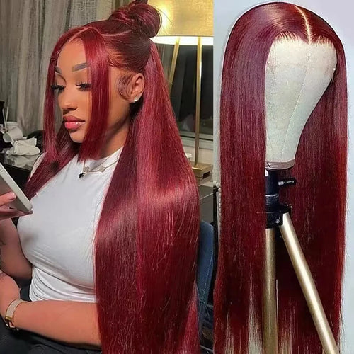 Burgundy 99J Straight Human Hair Lace Front Wig 13x4 & 13x6 HD Lace