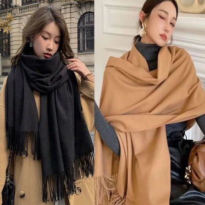 Cashmere-Feel Solid Scarf – Women's Warm Winter Wrap with Fringe