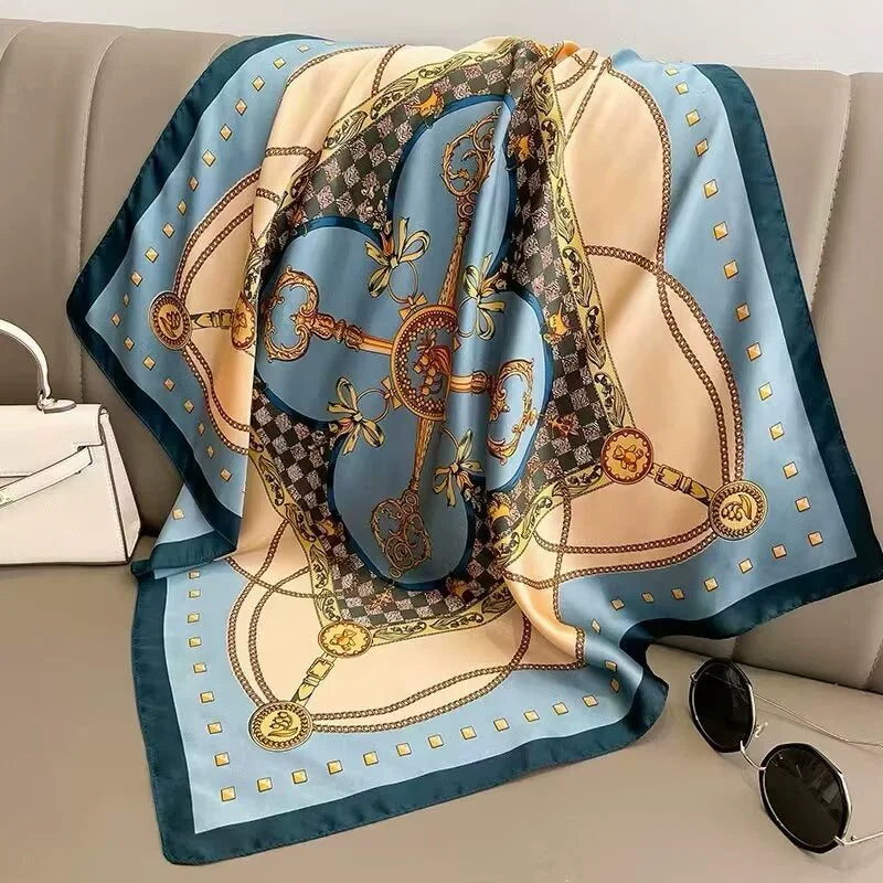 Chain Pattern Silk Square Scarf – 70cm Luxury Kerchief
