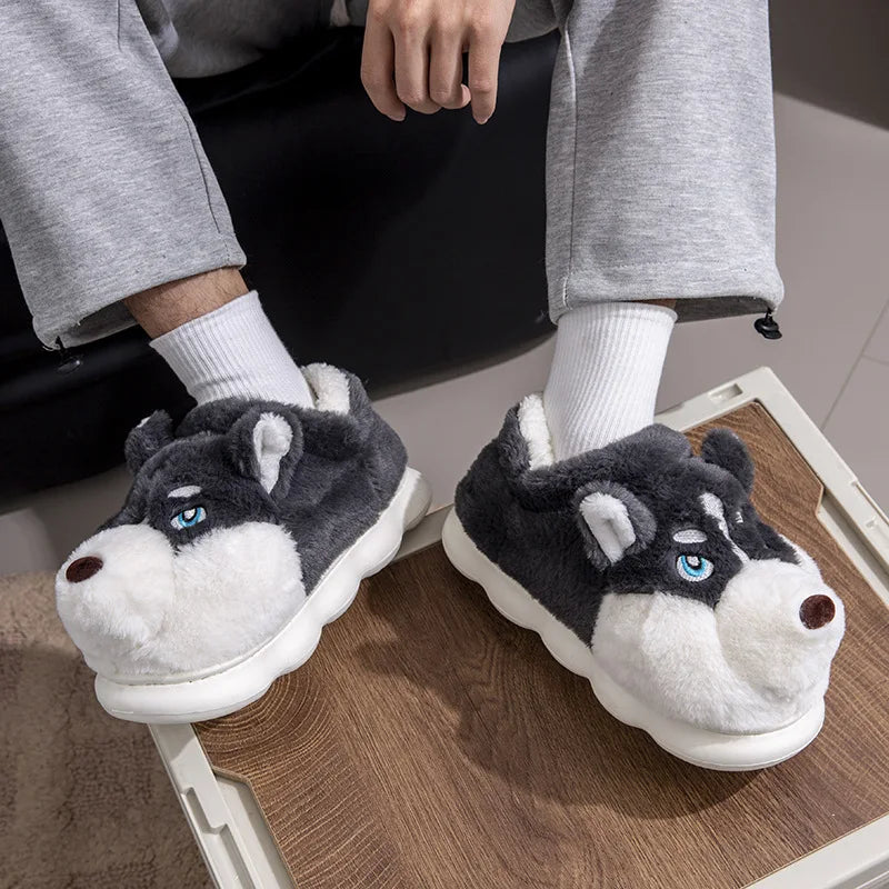 Husky Dog Fluffy Slippers – Cute Cartoon Indoor House Shoes