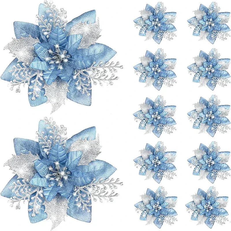Glitter Artificial Christmas Poinsettia Flowers – Set of 5
