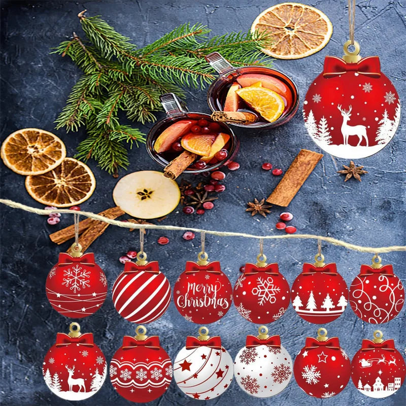 Christmas Ball Ornaments Set of 12 – Red & White Wooden Tree Decorations