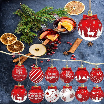 Christmas Ball Ornaments Set of 12 – Red & White Wooden Tree Decorations