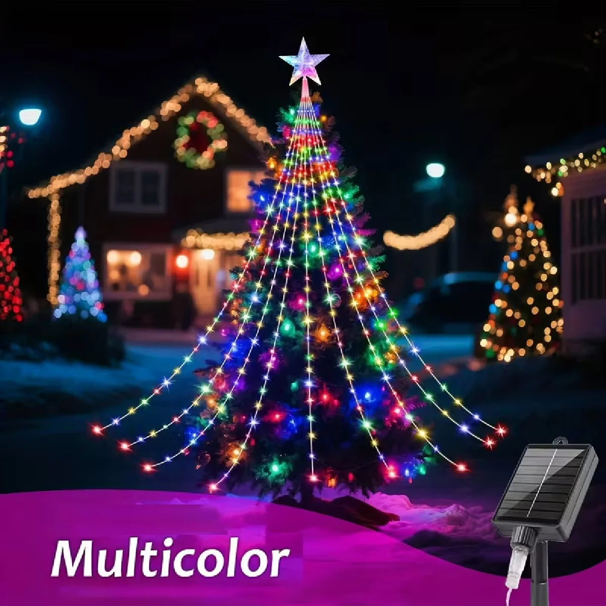 Star Waterfall Christmas Tree String Lights – USB & Solar Powered