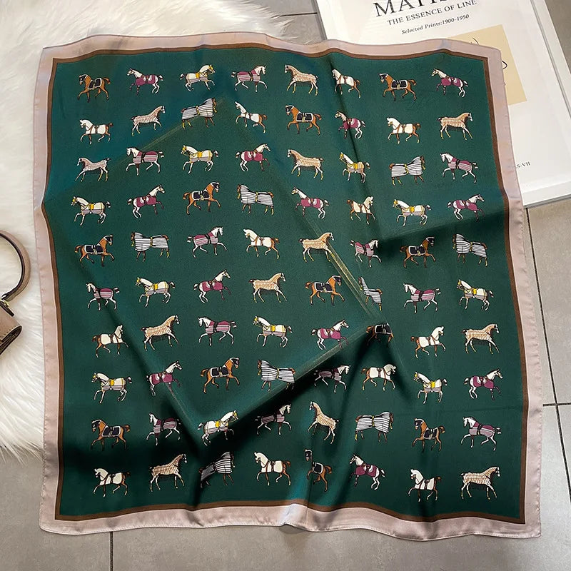 Satin Square Scarf Women Cute Cat Print Headscarf Neckerchief