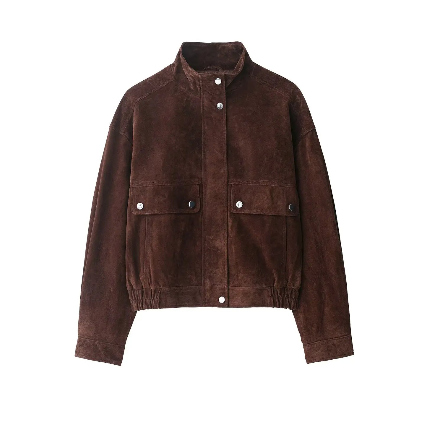 Women's Brown Suede Bomber Jacket with Big Pockets